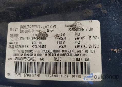 2005 Dodge Dakota Slt z USA, uszkodzony, nr VIN 1D7HW48N75S228121